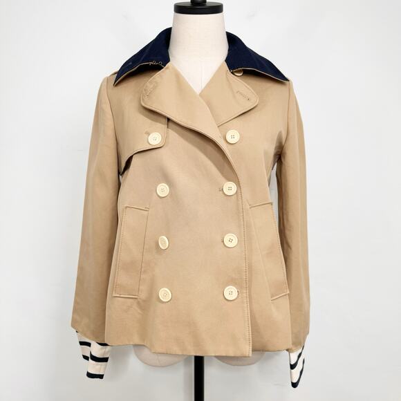 J. Crew Womens Crop Trench Coat Size 2 Tan Blue Nautical Preppy Jacket Stripes - Picture 2 of 16